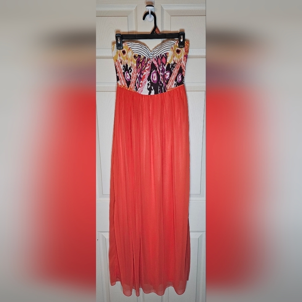 Minuet Strapless Tribal Print Maxi Dress Coral Orange Flowy - Size Small